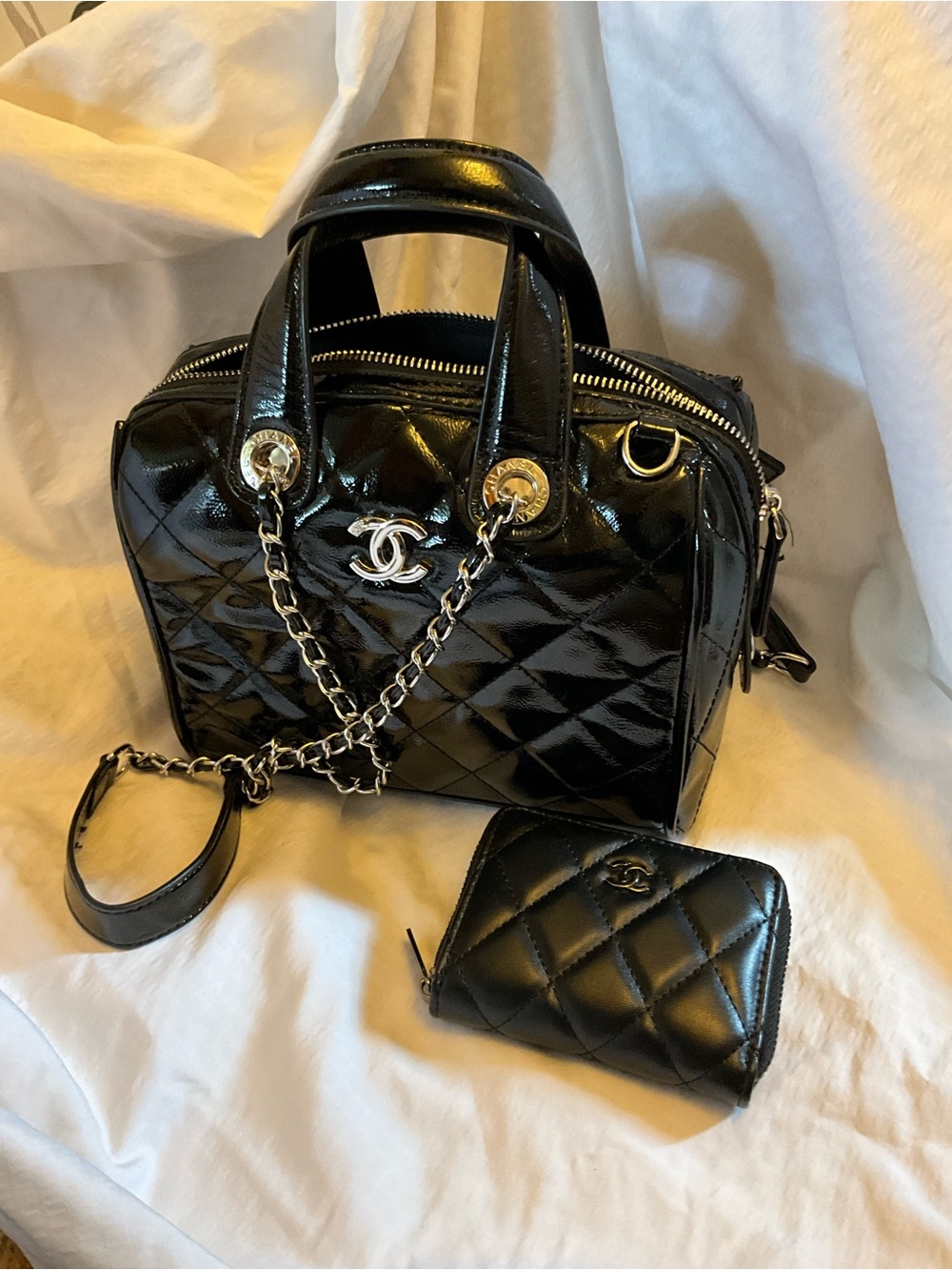 Designer Fashioned Black Quilted Patent Leather Satchel with Chain Strap